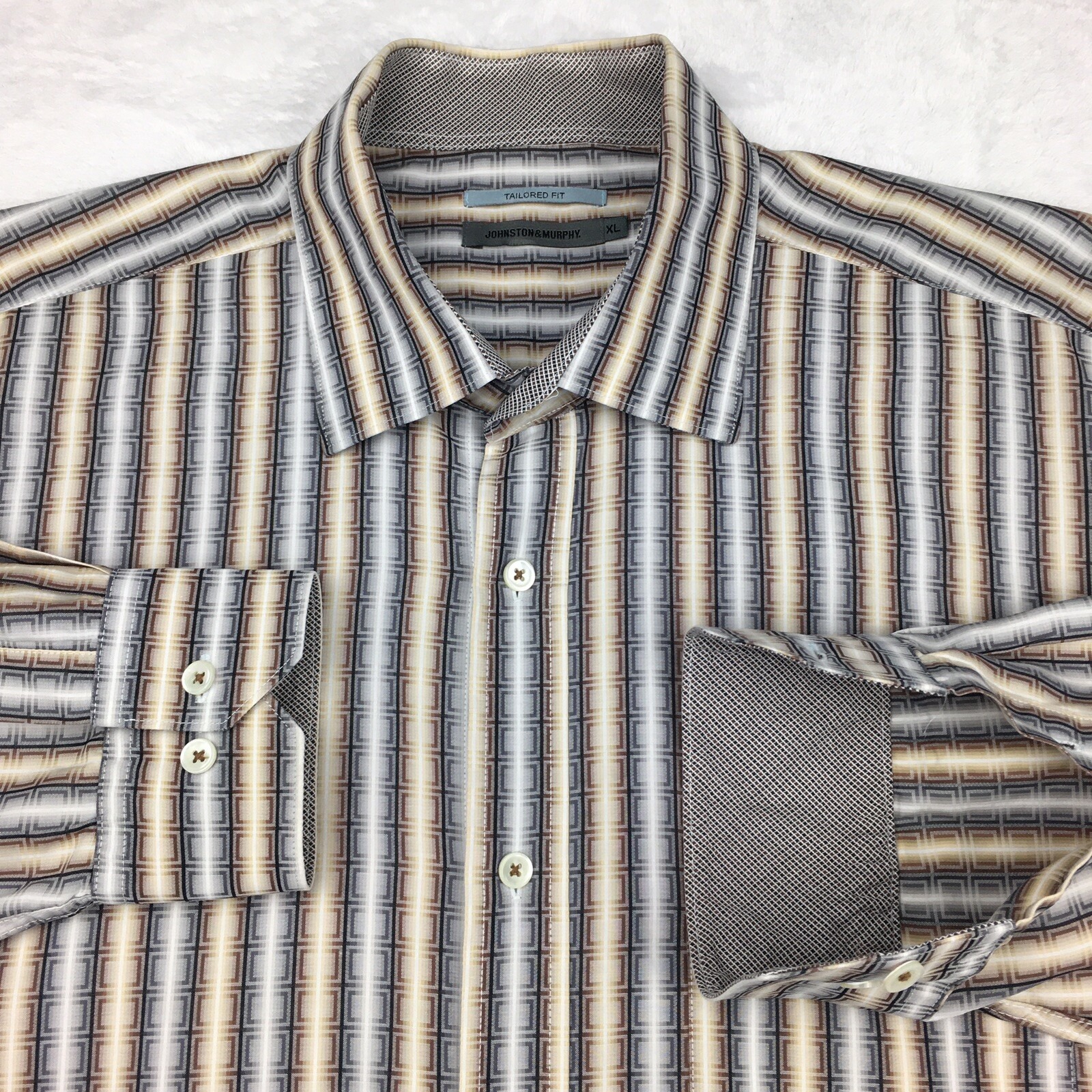 Johnston & Murphy Shirt Mens Xl Tan Print Tailored Fit Long Sleeves